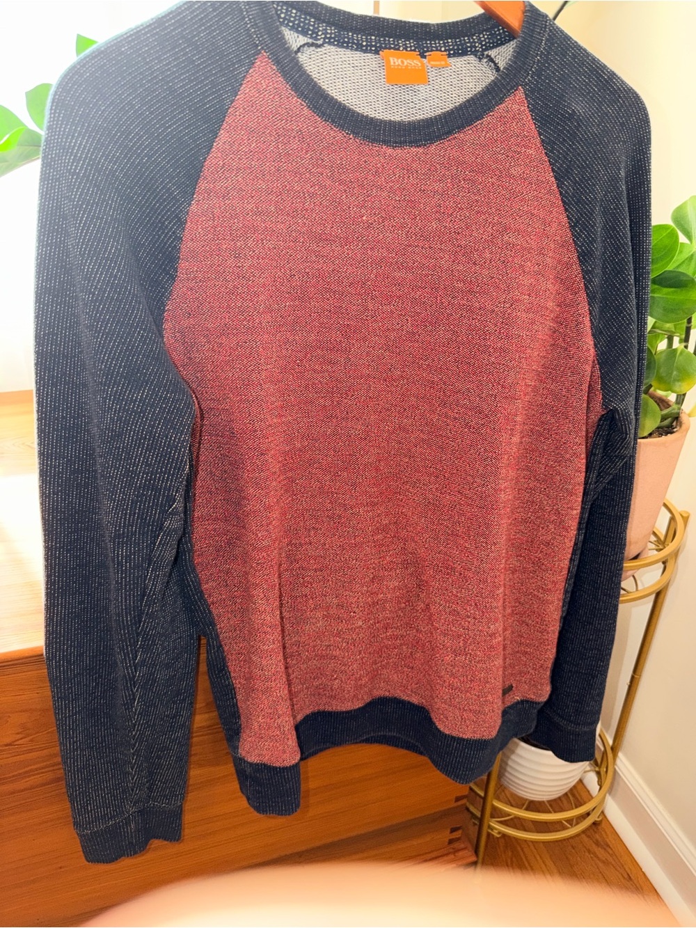BOSS Orange Classic Men’s Two-Tone Red & Blue Crewneck Raglan Sweater